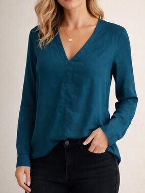 W118 Walter Baker Teal V-Neck Blouse Long Sleeve with Open cross back Sz Small